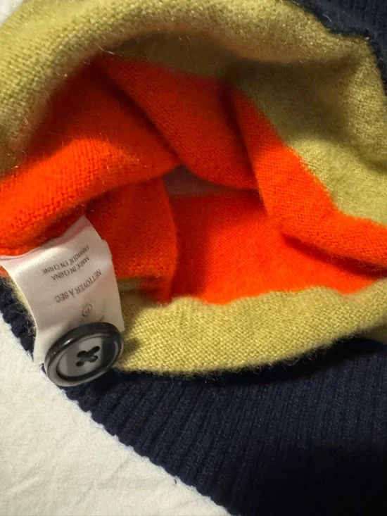 KULE Navy-Trim Striped V-Neck Cardigan in Coral, Teal & Olive - Picture 11 of 15